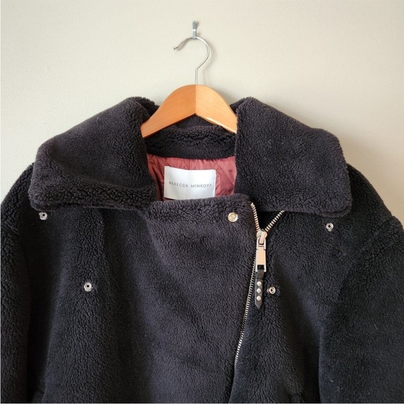 New Rebecca Minkoff Black Henderson Faux Fur Fleece Moto Jacket Coat Size XS - Picture 9 of 10